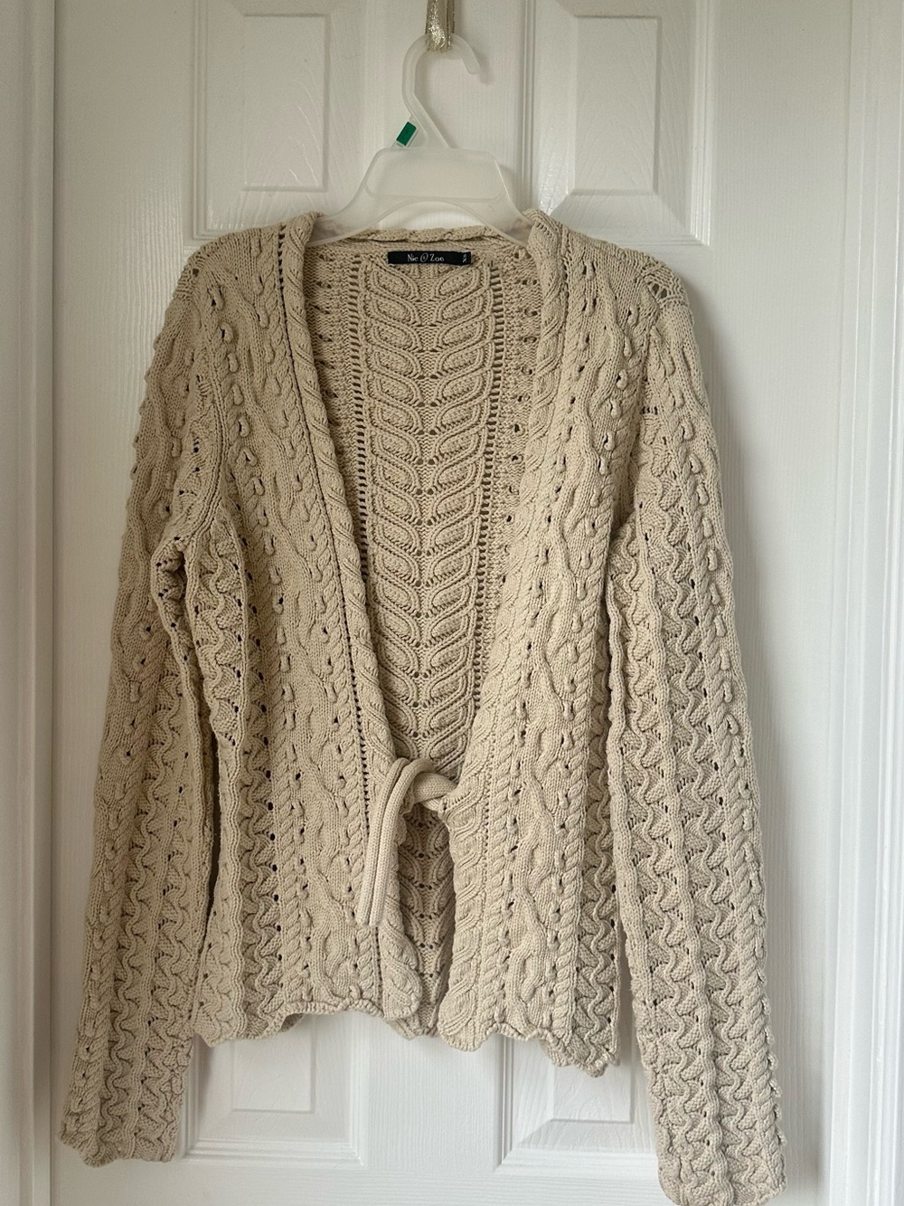 Tie-Front Cable Knit Cardigan Sweater - Cream